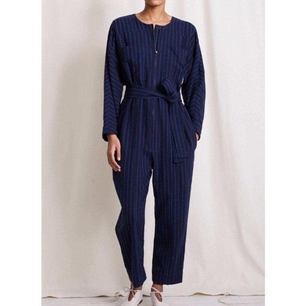 Apiece Apart Mars Jumpsuit Medium Navy Blue Red Pinstripe Cotton Zip Front NWT